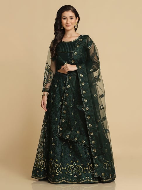 Atsevam Green Embroidered Semi-Stitched Lehenga Choli Set With Dupatta