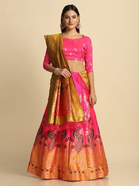Atsevam Pink Woven Pattern Semi-Stitched Lehenga Choli Set With Dupatta-picture-28