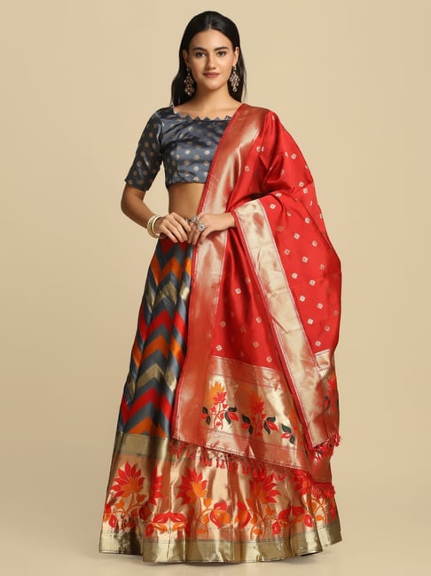 Atsevam Grey Woven Pattern Semi-Stitched Lehenga Choli Set With Dupatta-picture-47