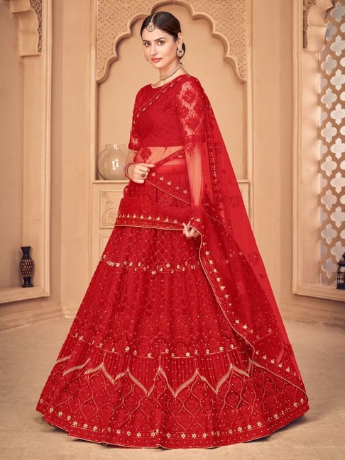 Atsevam Red Embroidered Semi-Stitched Lehenga Choli Set With Dupatta