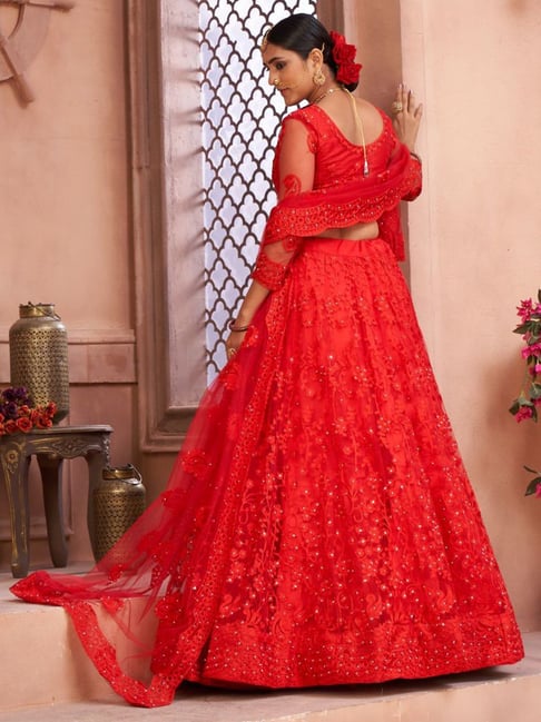 Red net lehenga on sale choli with dupatta