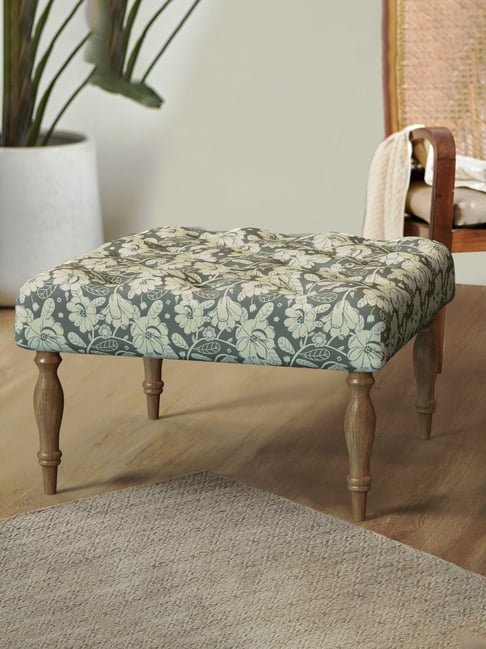 Chumbak Garden Floral Grey & White Sheesham Wood English Ottoman