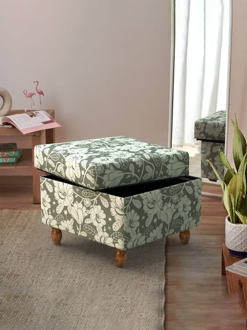 Chumbak Garden Floral Grey & White Mango Wood Modern Trunk Storage Ottoman