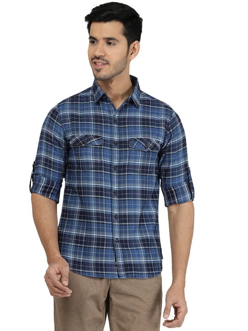 Greenfibre Blue Cotton Slim Fit Checks Shirt