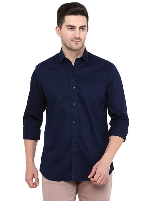 Greenfibre Navy Blue Cotton Slim Fit Shirt