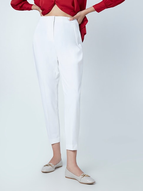 Buy Women White Regular Fit Solid Formal Trousers With Belt online   Looksgudin