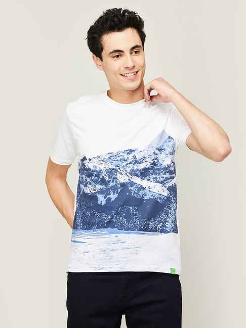 BOSSINI Blue Cotton Regular Fit Printed T-Shirt