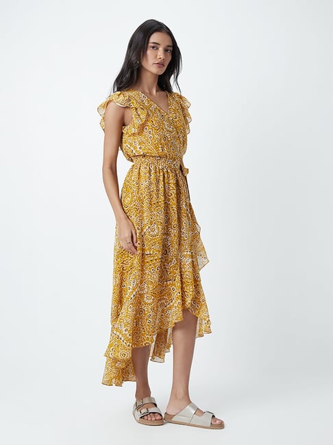 LOV by Westside Mustard Printed High-Low Dress Price in India