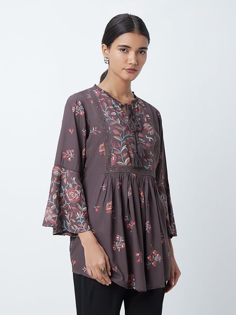 Utsa by Westside Brown Embroidered Ethnic Top Price in India