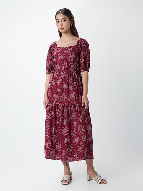 LOV by Westside Wine Floral Tiered Jerry Dress Price in India