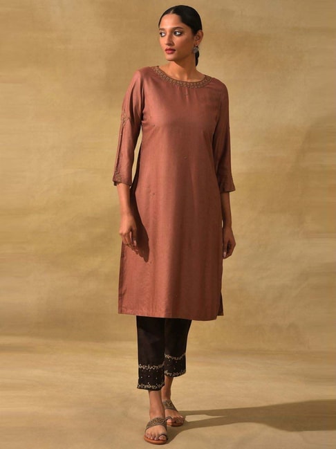 Folksong By W Pink Embellished Straight Kurta Price in India