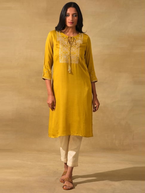 Folksong By W Mustard Embroidered Straight Kurta