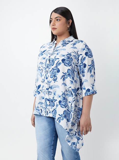 Gia Curves by Westside Blue Floral-Printed Asymmetric Shirt Price in India