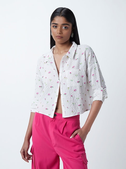Nuon by Westside Off-White Floral Textured Crop Shirt Price in India