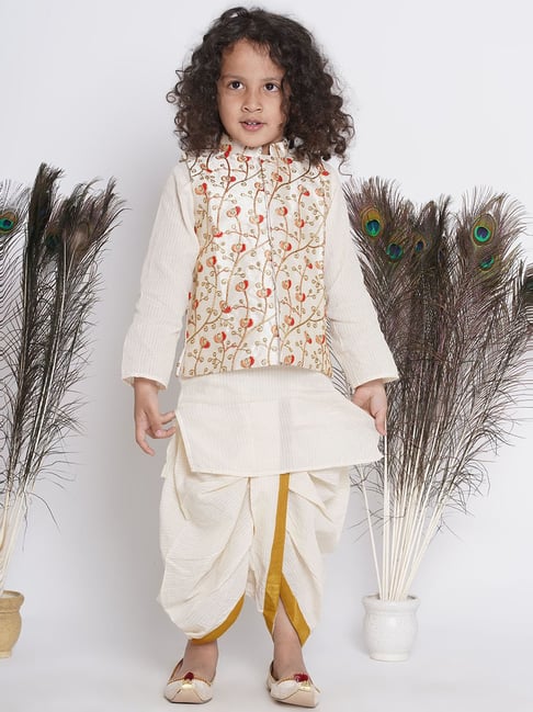 Buy Off white Printed Jacket with Blue Kurta Dhoti for Boys Online