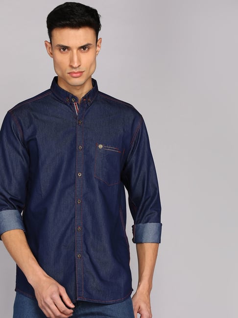 Kuons Avenue Dark Blue Slim Fit Denim Shirt