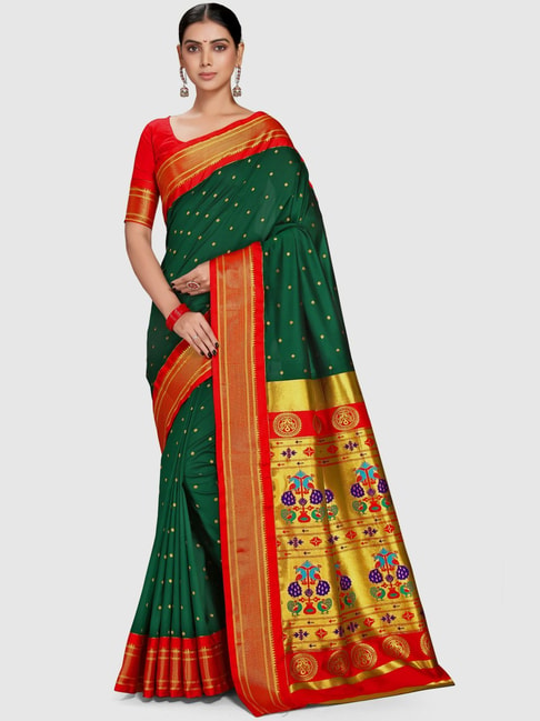 Varkala Silk Sarees Green & Red Silk Woven Saree With Unstitched Blouse Price in India