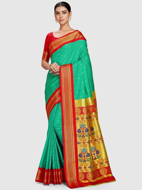 Varkala Silk Sarees Green & Red Silk Woven Saree With Unstitched Blouse Price in India