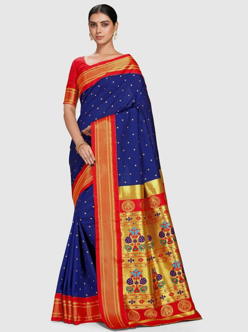 Varkala Silk Sarees Blue & Red Silk Woven Saree With Unstitched Blouse Price in India