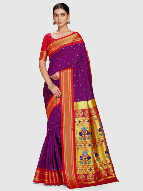 Varkala Silk Sarees Purple & Red Silk Woven Saree With Unstitched Blouse Price in India