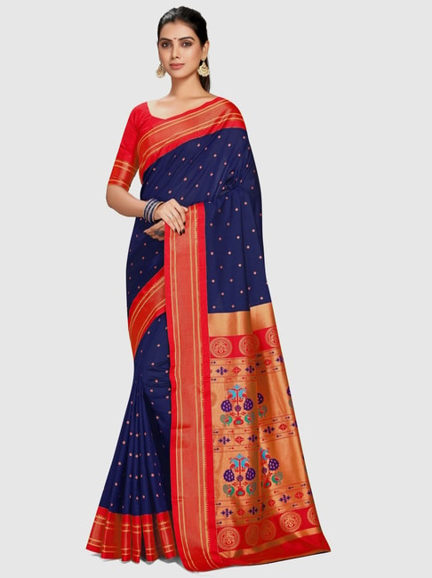Varkala Silk Sarees Navy & Red Silk Woven Saree With Unstitched Blouse Price in India