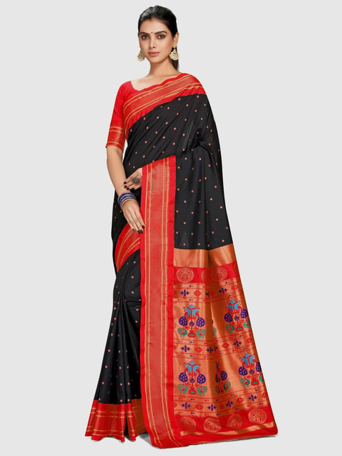 Varkala Silk Sarees Black & Red Silk Woven Saree With Unstitched Blouse Price in India
