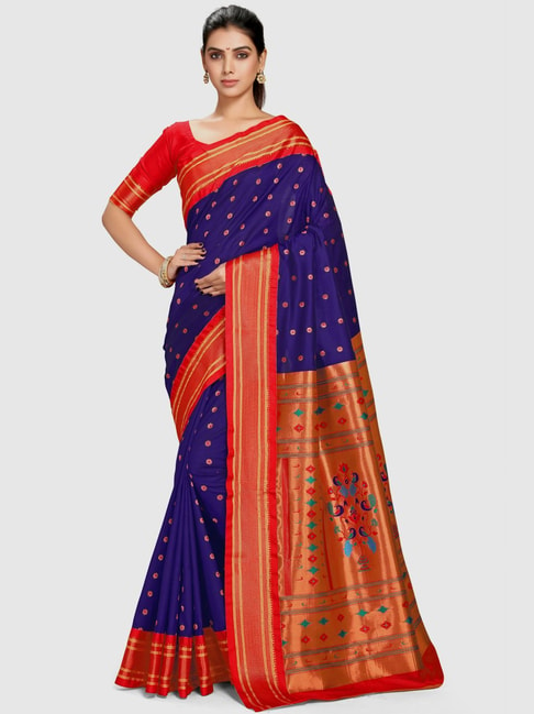 Varkala Silk Sarees Blue & Red Silk Woven Saree With Unstitched Blouse Price in India