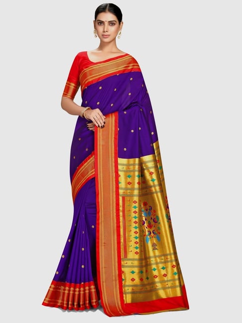 Varkala Silk Sarees Purple & Red Silk Woven Saree With Unstitched Blouse Price in India