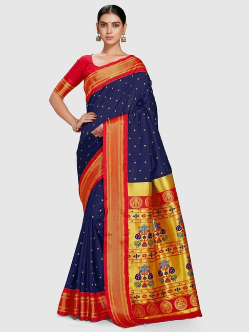 Varkala Silk Sarees Navy & Red Silk Woven Saree With Unstitched Blouse Price in India