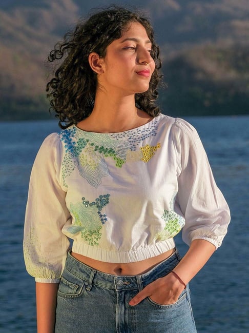 Buy Okhai Gush White Pure Cotton Hand Embroidered Crop Top for