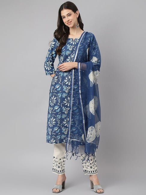 Divena Blue Cotton Printed Kurta Pant Set With Dupatta Price in India