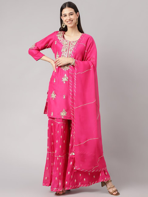 Divena Pink Embellished Kurta Sharara Set With Dupatta Price in India