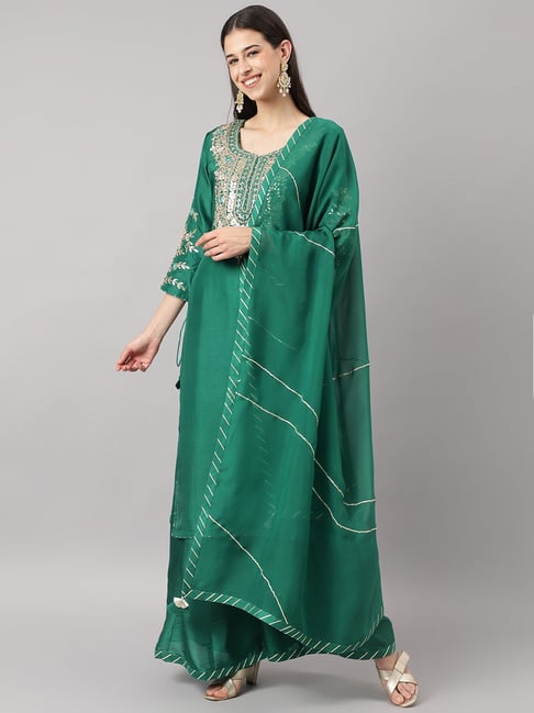 Divena Green Embellished Kurta Sharara Set With Dupatta Price in India