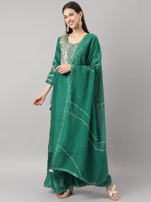 Divena Green Embellished Kurta Sharara Set With Dupatta Price in India