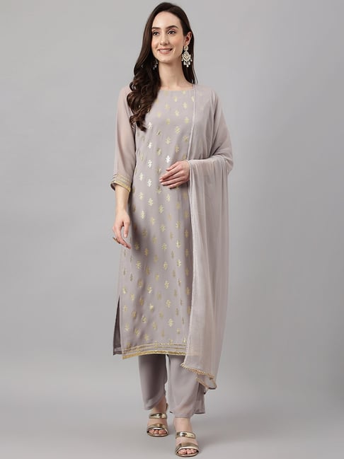 Janasya Grey Printed Kurta Palazzo Set With Dupatta Price in India