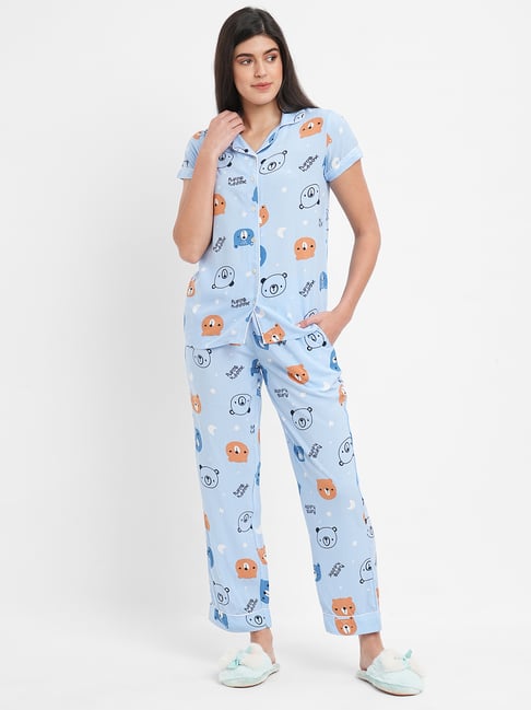 Sweet Dreams Blue Printed Shirt With Lounge Pants