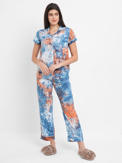 Sweet Dreams Orange & Blue Printed Shirt With Lounge Pants