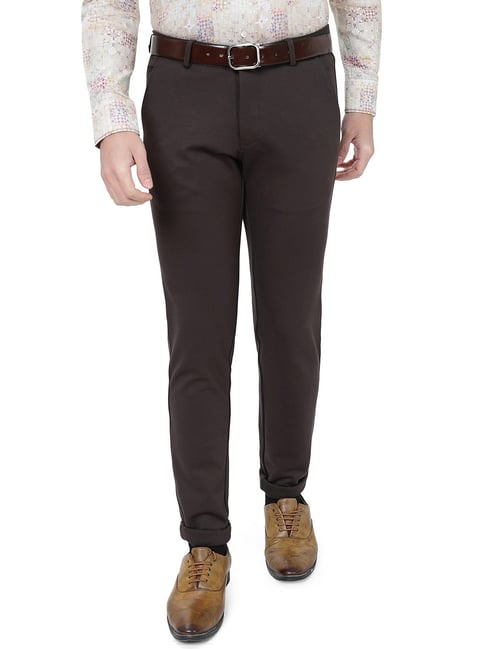 Jainish Mens Brown Solid Formal Trousers  Jompers