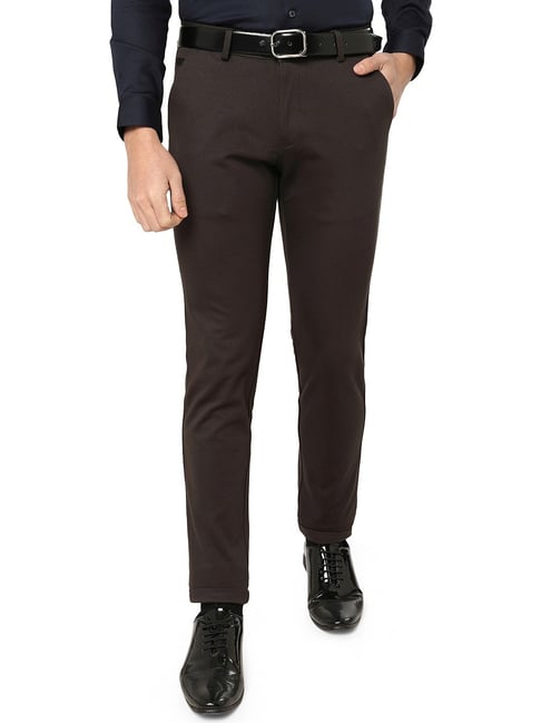 Buy BURNT UMBER Brown Solid Cotton Slim Fit Mens Trousers  Shoppers Stop