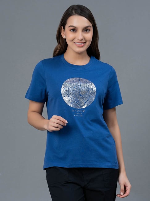 Mode by Red Tape Royal Blue Cotton Graphic T-Shirt