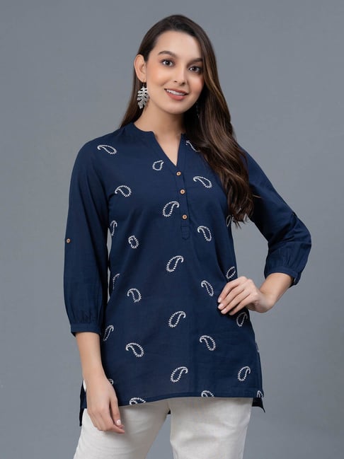 Mode by Red Tape Dark Blue Cotton Embroidered Top