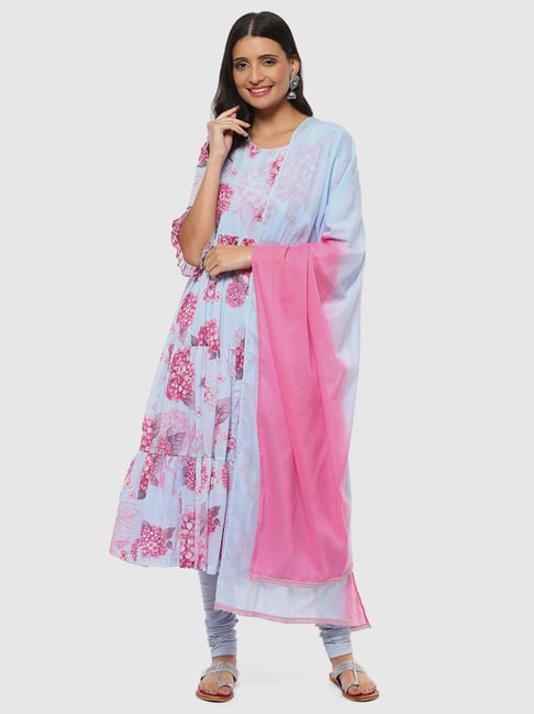 Biba Blue & Pink Cotton Floral Print Kurta Churidar Set With Dupatta