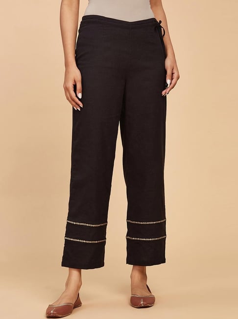 Fabindia Black Cotton Embroidered Pants