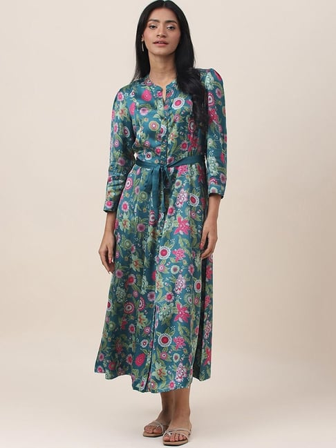 Fabindia Teal Green Printed A-Line Dress Price in India