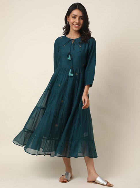 Fabindia Teal Blue Embroidered A-Line Dress Price in India