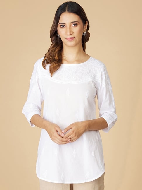 Fabindia White Cotton Embroidered Tunic