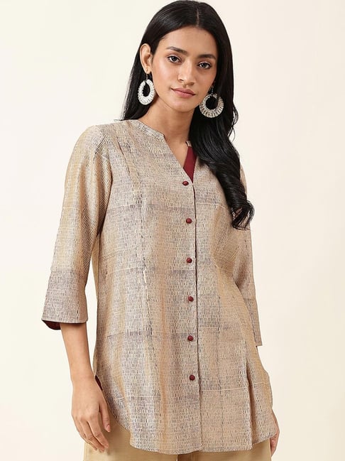 Fabindia Beige & Maroon Printed Tunic