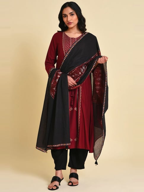 W Red & Black Cotton Printed Dupatta