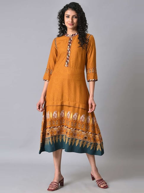 W Mustard Printed A-Line Dress Price in India