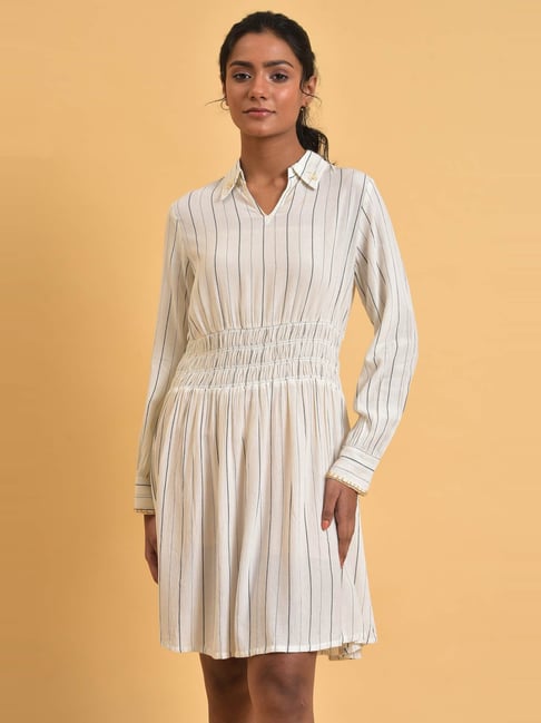 W Off-White Printed A-Line Dress Price in India